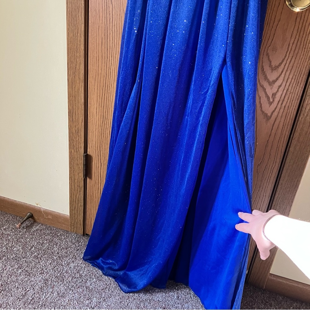 Royal Blue Spaghetti Strap Formal Floor Length Slit Corset Back Dress - Picture 4 of 8